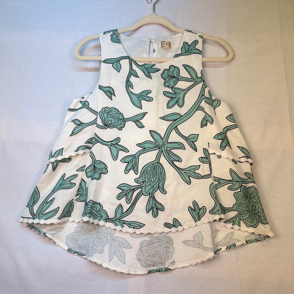 Mo:vint New York Floral Tiered Sleeveless Top Teal White Linen Blend XS